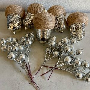 Set of 5 Silver Mercury Glass Twine Acorn Ornaments / Set of 7 Glitter Picks